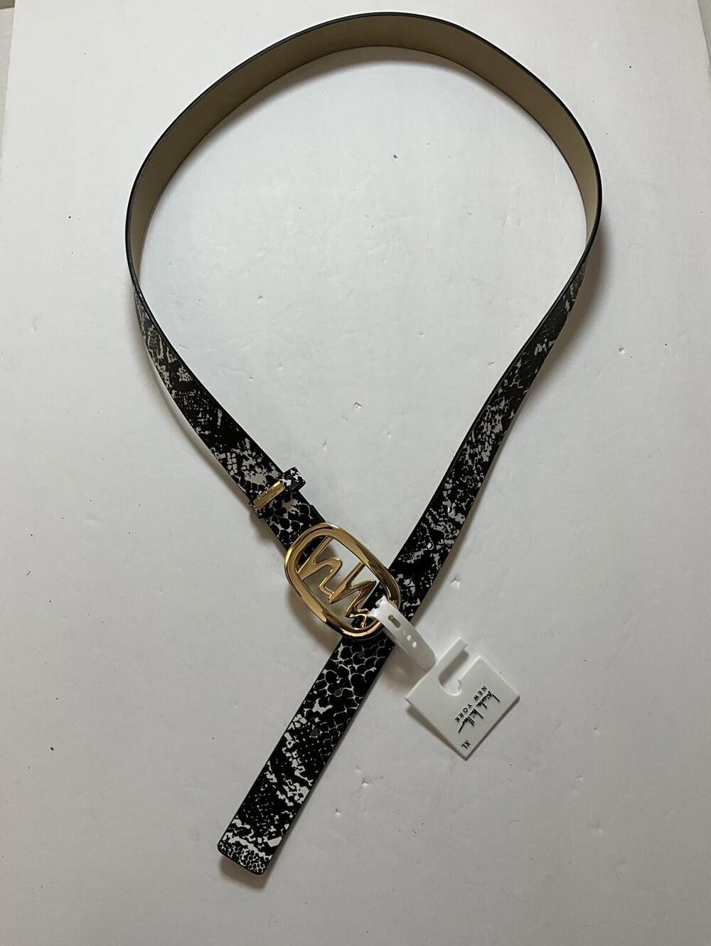 Nicole Miller Black and White Snake Print Leather Belt with Gold Buckle